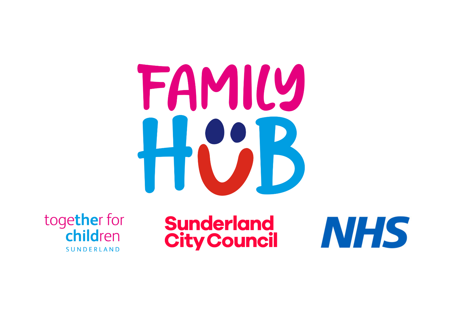 Family hubs, Together for Children, Sunderland City Council and NHS logos