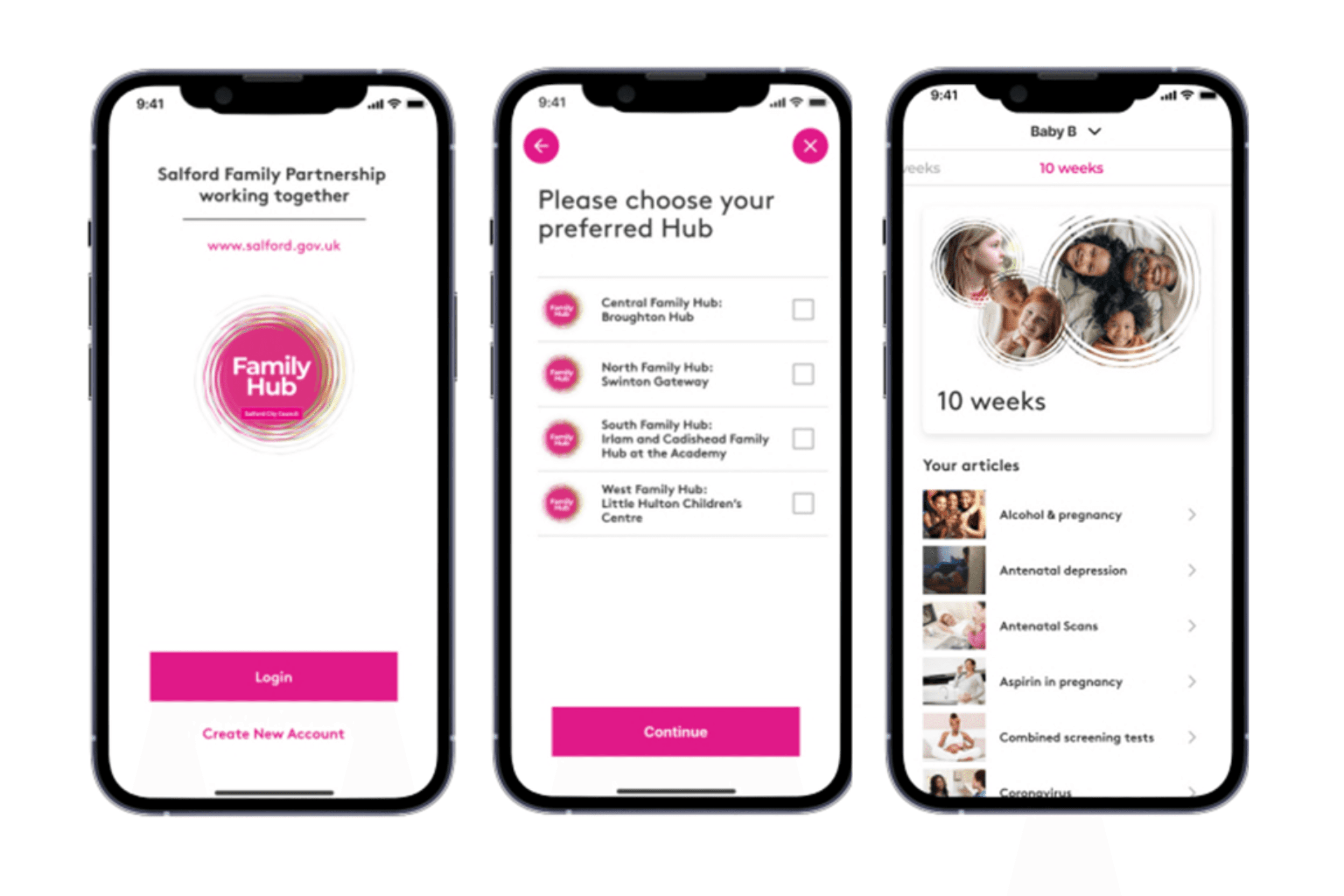 Image of the Family Hubs App, showing a list of articles relevant to a 10 week old baby